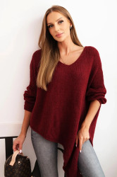 Kesi Włoski Dámský asymetrický svetr z vlny Plus Size s výstřihem do V bordový