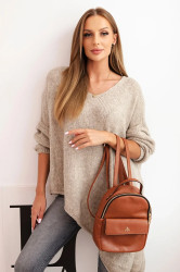 Kesi Włoski Dámský asymetrický svetr z vlny Plus Size s výstřihem do V tmavě béžový