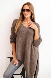 Kesi Włoski Dámský asymetrický vlněný svetr Plus Size s V výstřihem fango