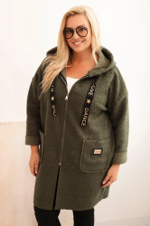 Kesi Włoski Dámský plášť Plus Size z umělé beránkové látky s kapucí a kapsami khaki