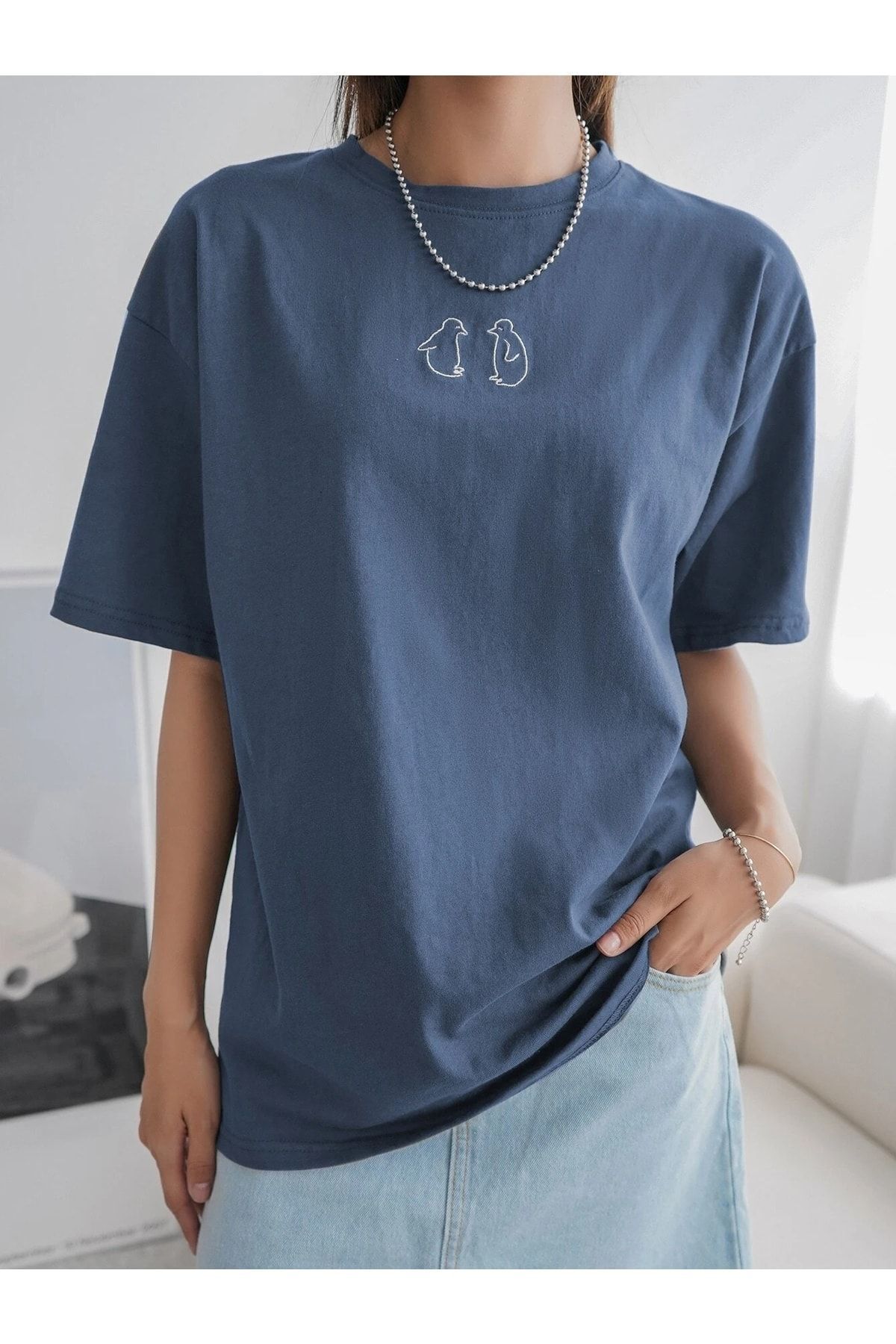 Know Women's Indigo Blue Penguin Printed Oversize T-shirt