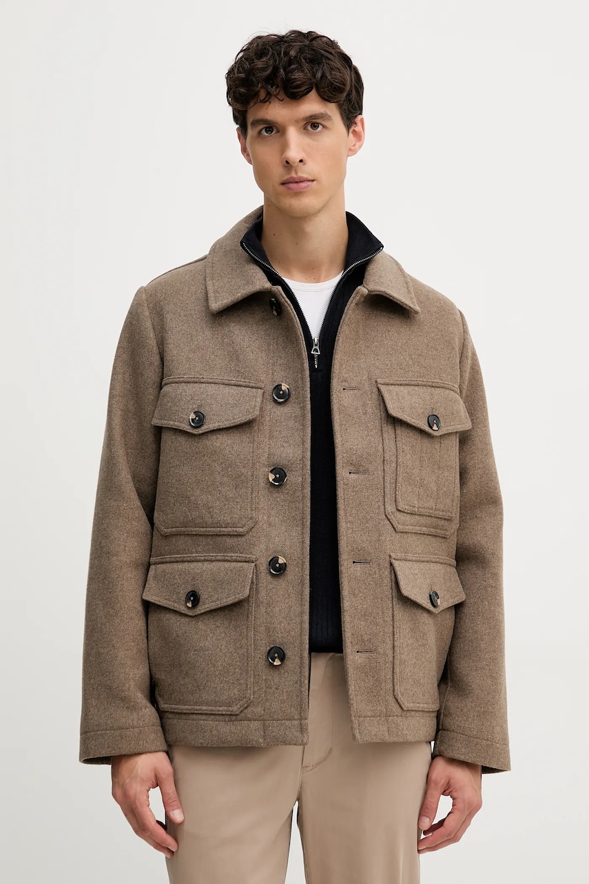 Košilová bunda s příměsí vlny Tommy Hilfiger hnědá barva, MW0MW40624