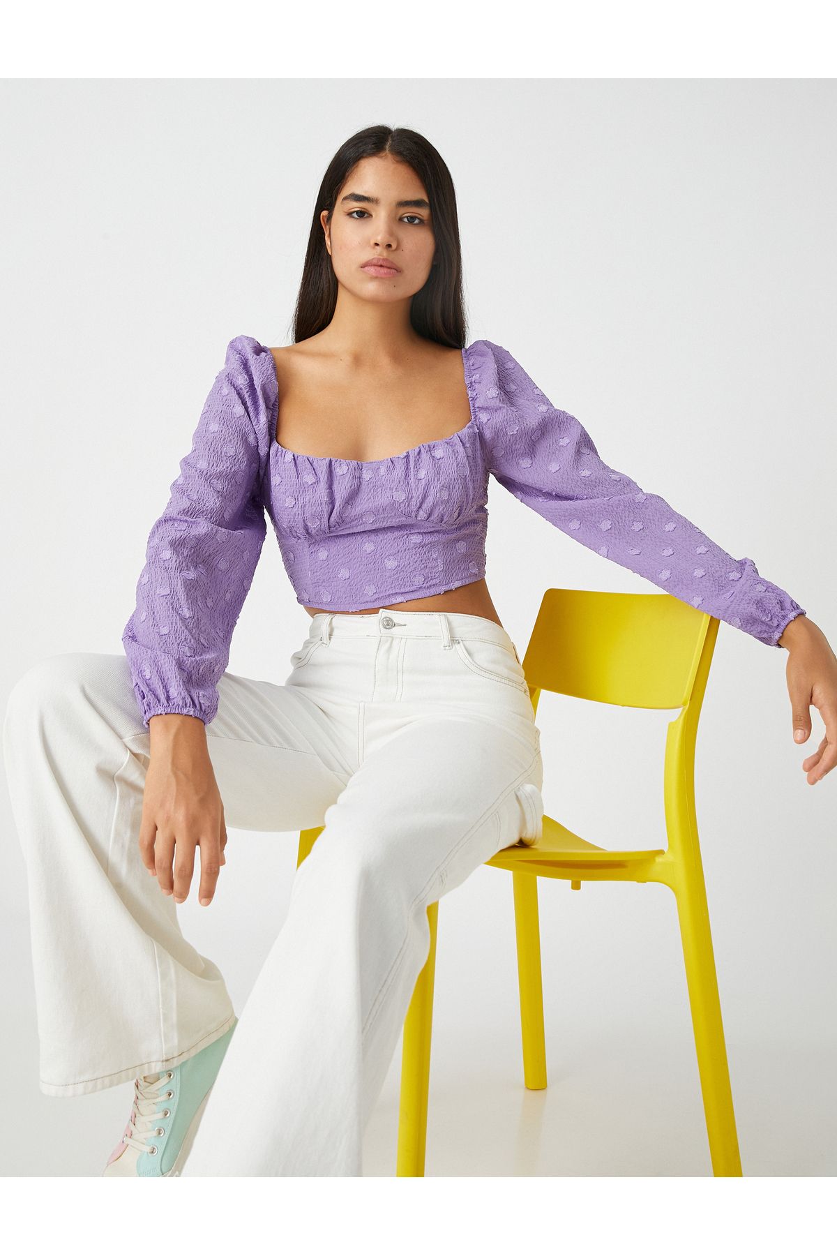Koton Crop Blouse Balloon Sleeve Textured