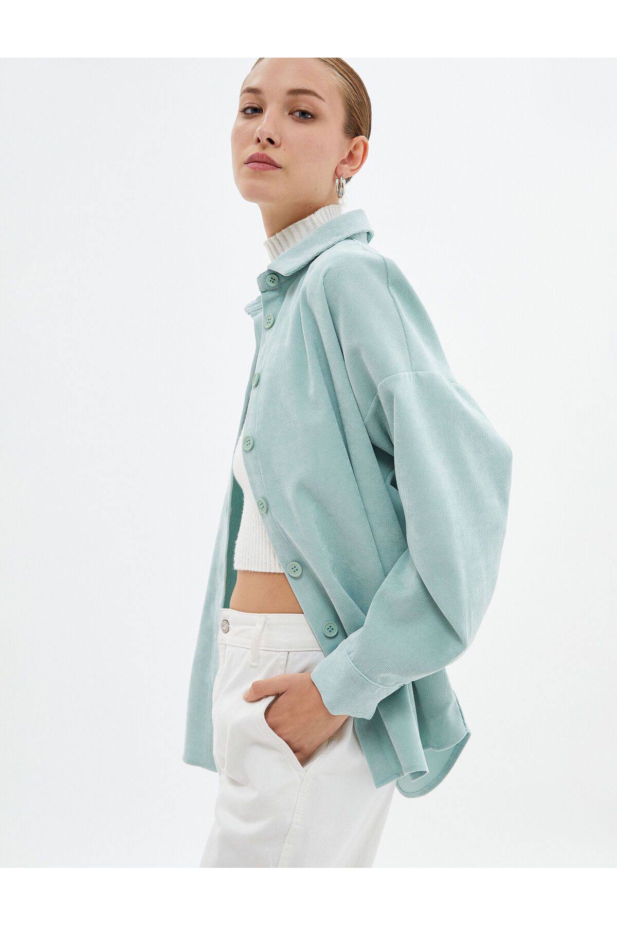 Koton Oversize Velvet Shirt Buttoned Cuff Collar