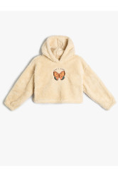 Koton Plush Hooded Sweatshirt Butterfly Embroidered Long Sleeve