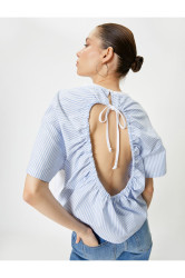 Koton Striped Short Sleeve T-Shirt with Window Detail on the Back, Crew Neck with Two Different Fabric Usage