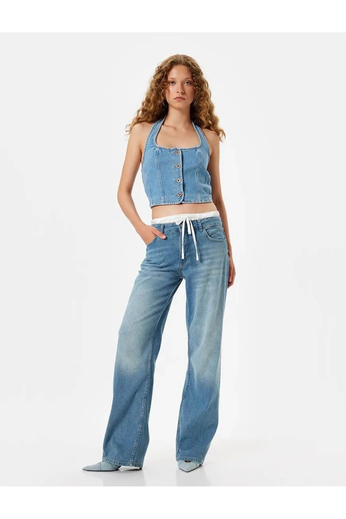 Koton Wide Leg Jeans Double Waist Detail Cotton - Straight Fit Jeans