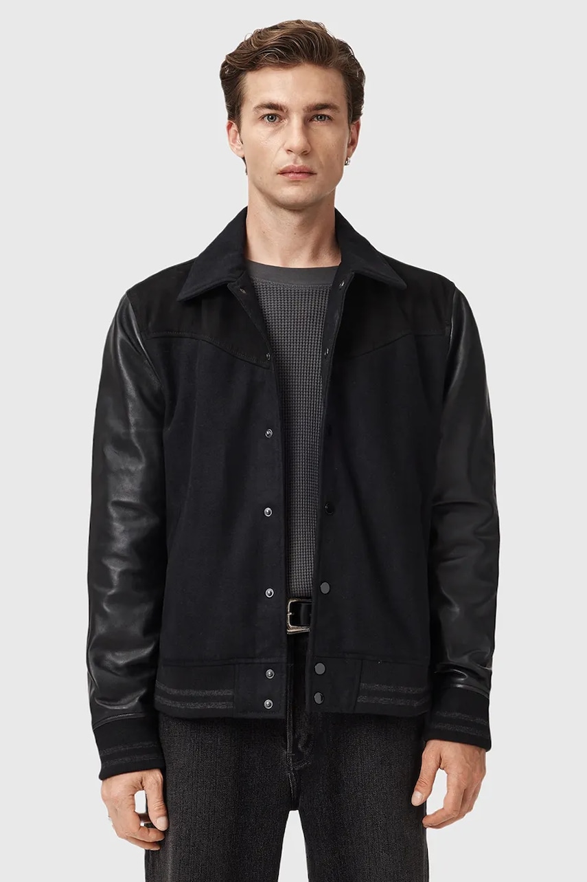 Kožená bunda AllSaints ENDLETON černá barva, přechodná, M012LC