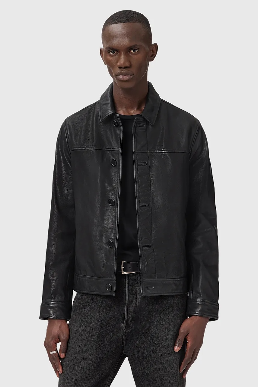 Kožená bunda AllSaints NATES černá barva, přechodná, M010LD