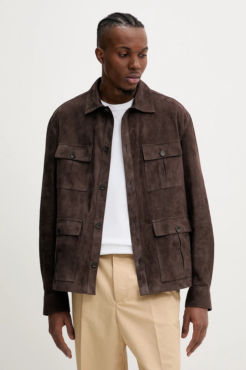 Kožená bunda Bally hnědá barva, přechodná, MLE05B