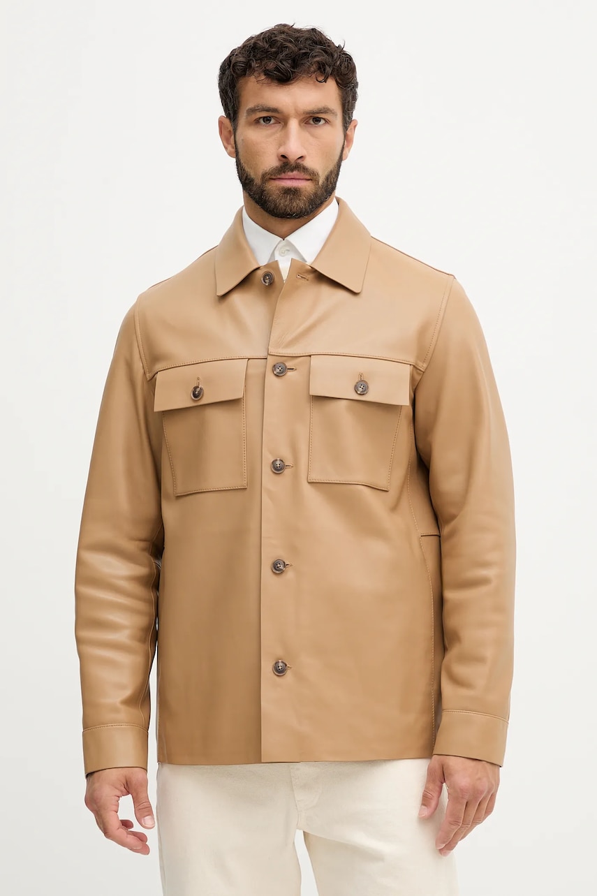 Kožená bunda BOSS C-Malid zelená barva, přechodná, 50543222