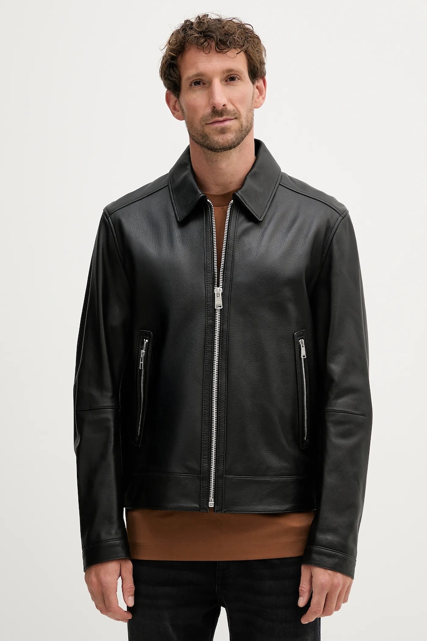 Kožená bunda BOSS H-Mapson4 černá barva, přechodná, 50543214