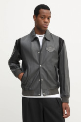 Kožená bunda BOSS Meon_PS šedá barva, přechodná, 50543223
