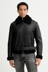 Kožená bunda HUGO Larford černá barva, zimní, 50546494