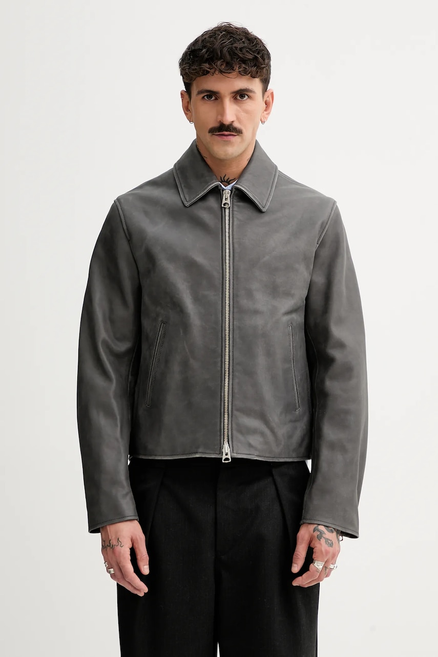 Kožená bunda Kenzo šedá barva, přechodná, FF55LB1440AB.96