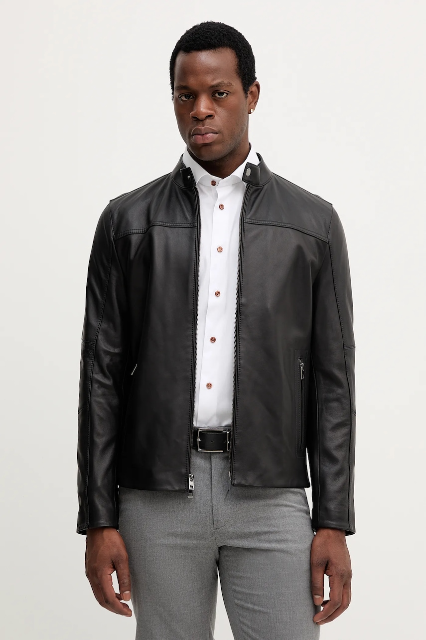 Kožená bunda Michael Kors černá barva, přechodná, CB98CF17KS