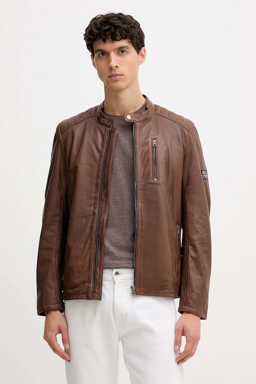 Kožená bunda Pepe Jeans hnědá barva, přechodná, PM4027178