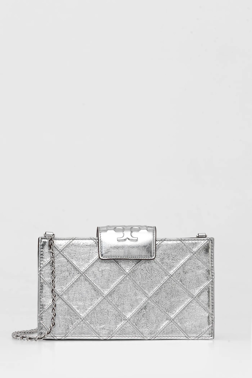 Kožená kabelka Tory Burch Fleming stříbrná barva, 175190-040