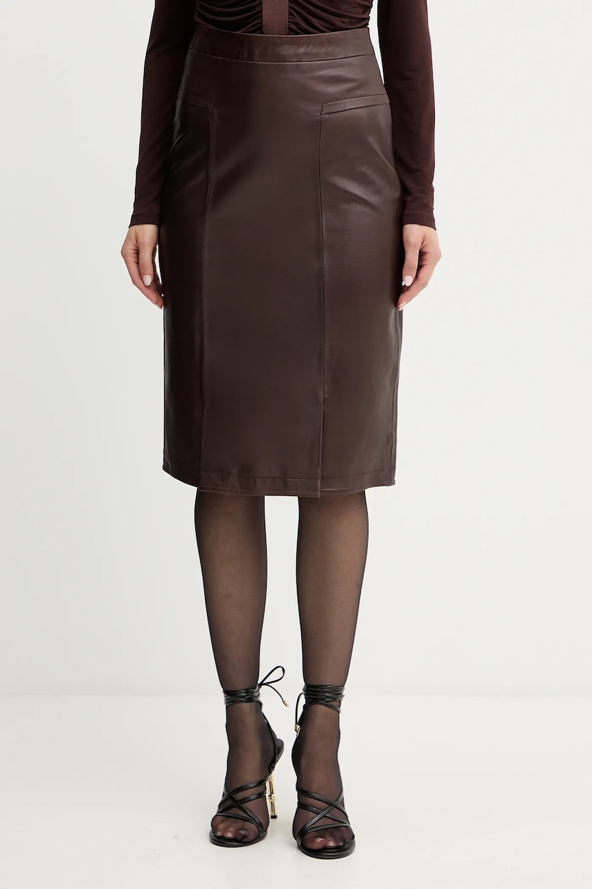 Kožená sukně Herve Leger Estella hnědá barva, mini, WLT3536273