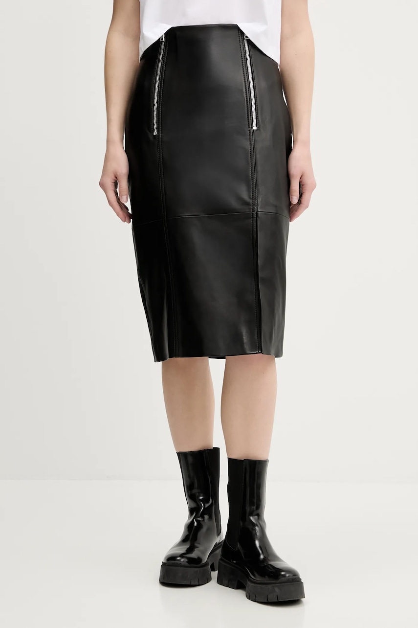 Kožená sukně HUGO Leomira černá barva, midi, 50542308