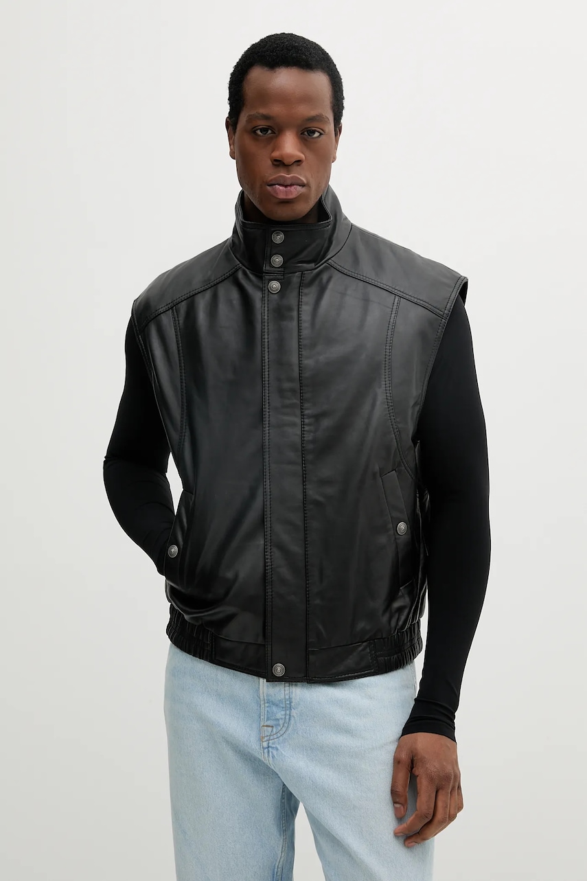 Kožená vesta Versace Jeans Couture pánská, černá barva, přechodná, 78GAVP00 CPPS3