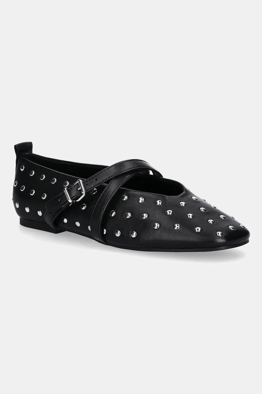 Kožené baleríny Tommy Jeans MARYJANE STUDDED BALLERINA černá barva, EN0EN02886