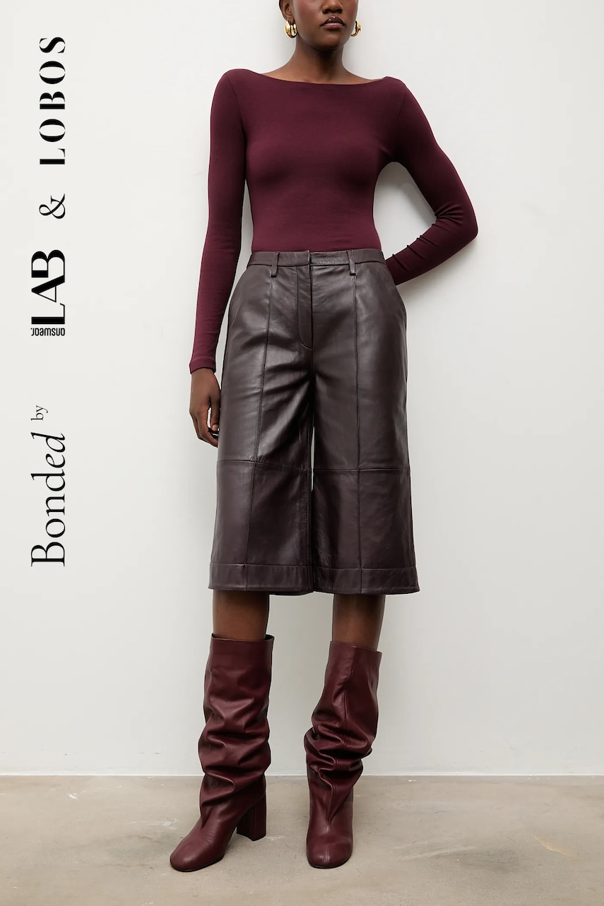 Kožené kalhoty Answear.LAB dámské, vínová barva, široké, high waist