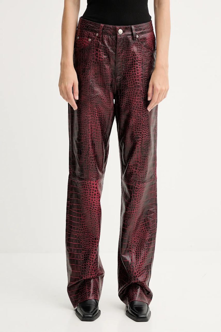 Kožené kalhoty Gestuz dámské, červená barva, široké, high waist, 10910742