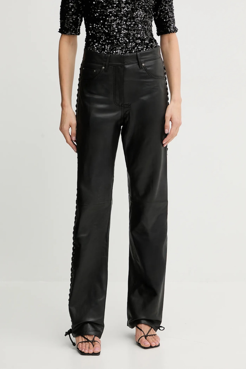 Kožené kalhoty Rotate dámské, černá barva, široké, high waist, 115133100