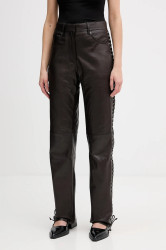 Kožené kalhoty Rotate dámské, hnědá barva, široké, high waist, 1158191667