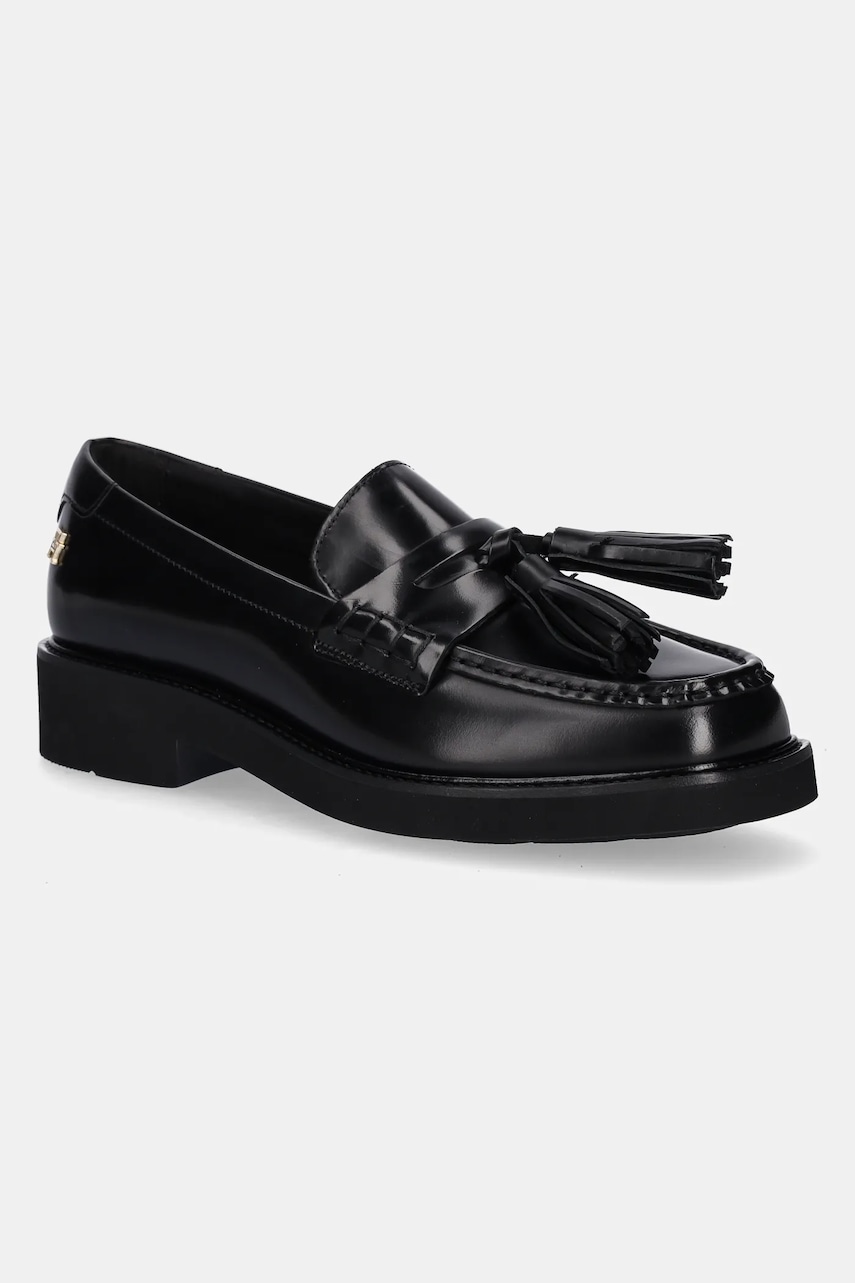 Kožené mokasíny Tommy Hilfiger TASSEL SQUARISH TOE LTHR LOAFER dámské, černá barva, na platformě, FW0FW08749