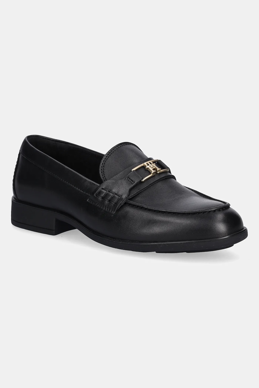 Kožené mokasíny Tommy Hilfiger TH LOGO LEATHER LOAFER dámské, černá barva, na plochém podpatku, FW0FW08705