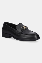 Kožené mokasíny Tommy Hilfiger TH LOGO LEATHER LOAFER dámské, černá barva, na plochém podpatku, FW0FW08705