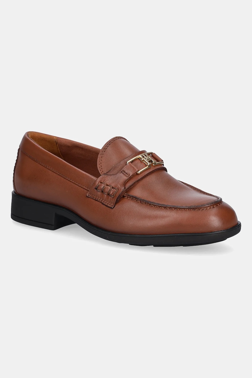 Kožené mokasíny Tommy Hilfiger TH LOGO LEATHER LOAFER dámské, hnědá barva, na plochém podpatku, FW0FW08705