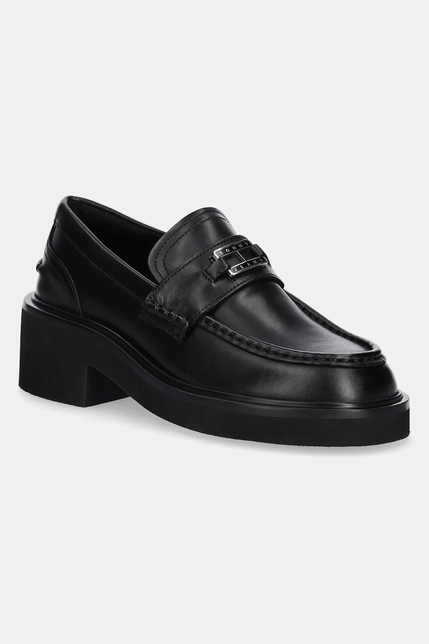 Kožené mokasíny Tommy Jeans TJW CHUNKY HEEL LOAFER dámské, černá barva, na platformě, EN0EN02789