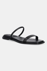 Kožené pantofle Calvin Klein FLAT SANDAL SQUARED 2-BAR LTH dámské, černá barva, HW0HW02532