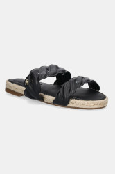 Kožené pantofle Tommy Hilfiger LEATHER ROPE ESPADRILLE MULE dámské, černá barva, FW0FW08503