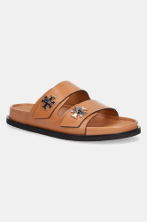 Kožené pantofle Tory Burch T Lock Sport Slide dámské, hnědá barva, 166905-250