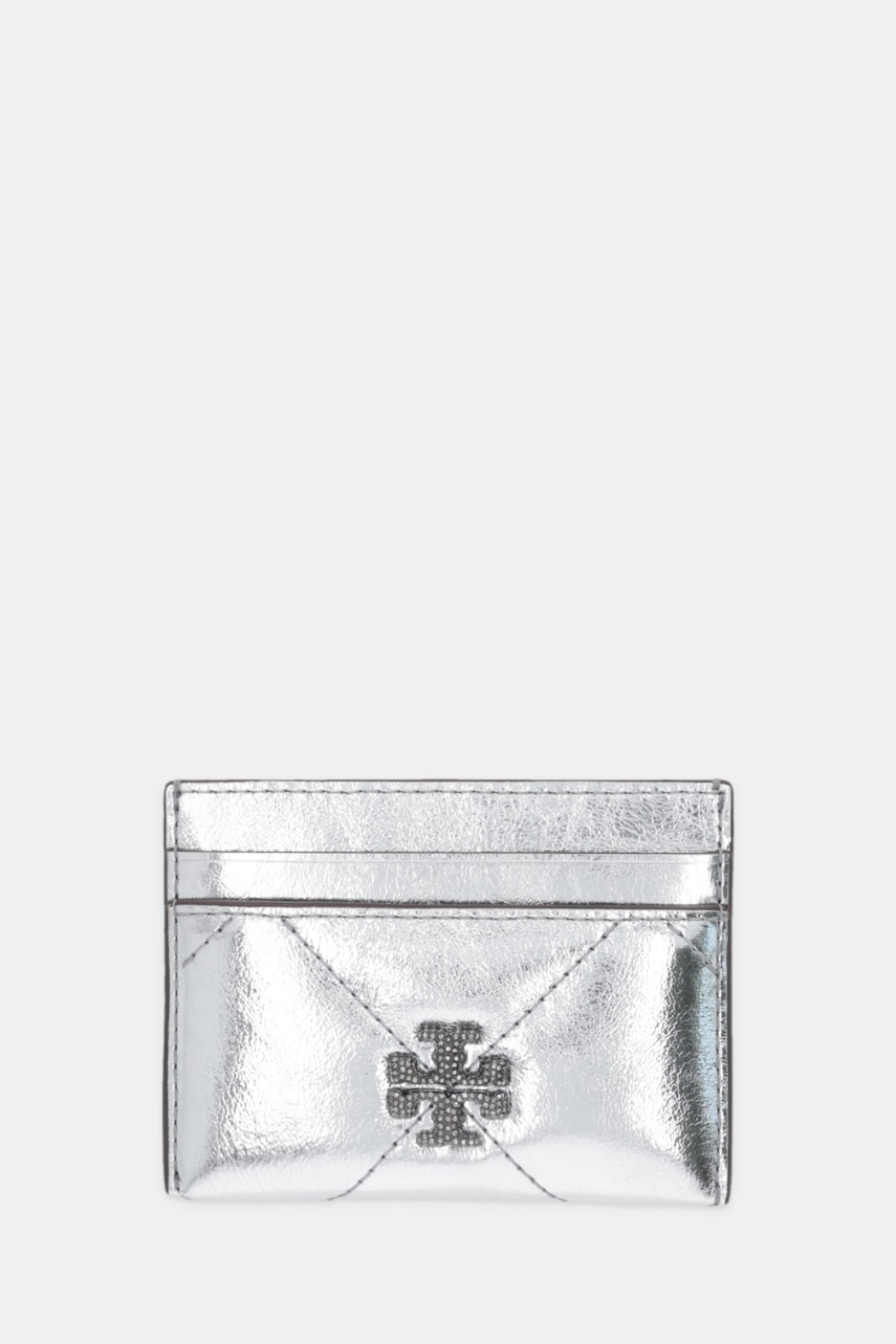 Kožené pouzdro na karty Tory Burch Kira Diamond stříbrná barva, 175016-040