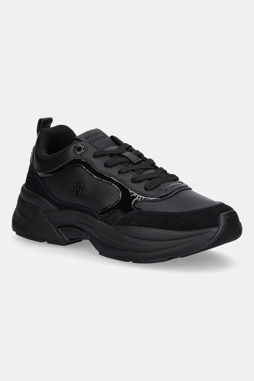 Kožené tenisky Tommy Hilfiger TH CHUNKY RUNNER PATENT dámské, černá barva, FW0FW08840