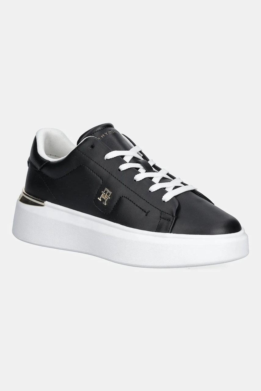 Kožené tenisky Tommy Hilfiger TH FASHION COURT SNEAKER dámské, černá barva, FW0FW08631
