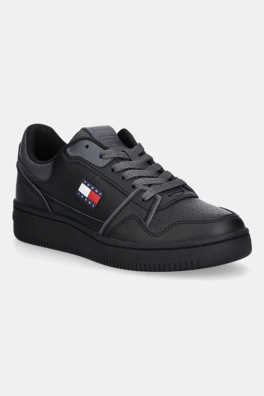 Kožené tenisky Tommy Jeans TJW RETRO BASKET SNEAKER dámské, černá barva, EN0EN02839