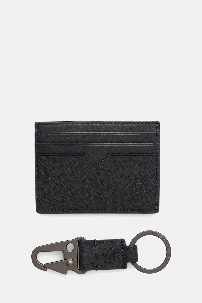 Kožený držák na karty a klíčenka Tommy Hilfiger tmavomodrá barva, AM0AM13779