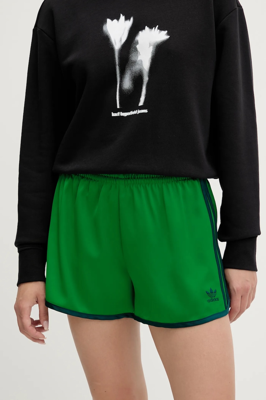 Kraťasy adidas Originals 3-Stripes dámské, zelená barva, s aplikací, medium waist, JZ3512