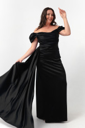 Lafaba Women's Black Boat Neck Train Long Satin Evening Dress & Prom Dress