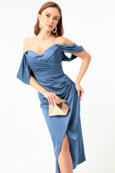 Lafaba Women's Indigo Boat Neck Draped Midi Evening Dress