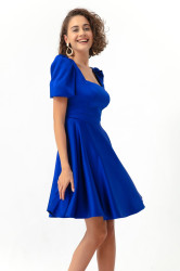 Lafaba Women's Sax Balloon Sleeve Flared Cut Mini Satin Evening Dress