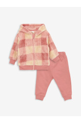 LC Waikiki LCW Baby Hooded Plush Long Sleeved Baby Girl Cardigan and Leggings 2-Pair Set