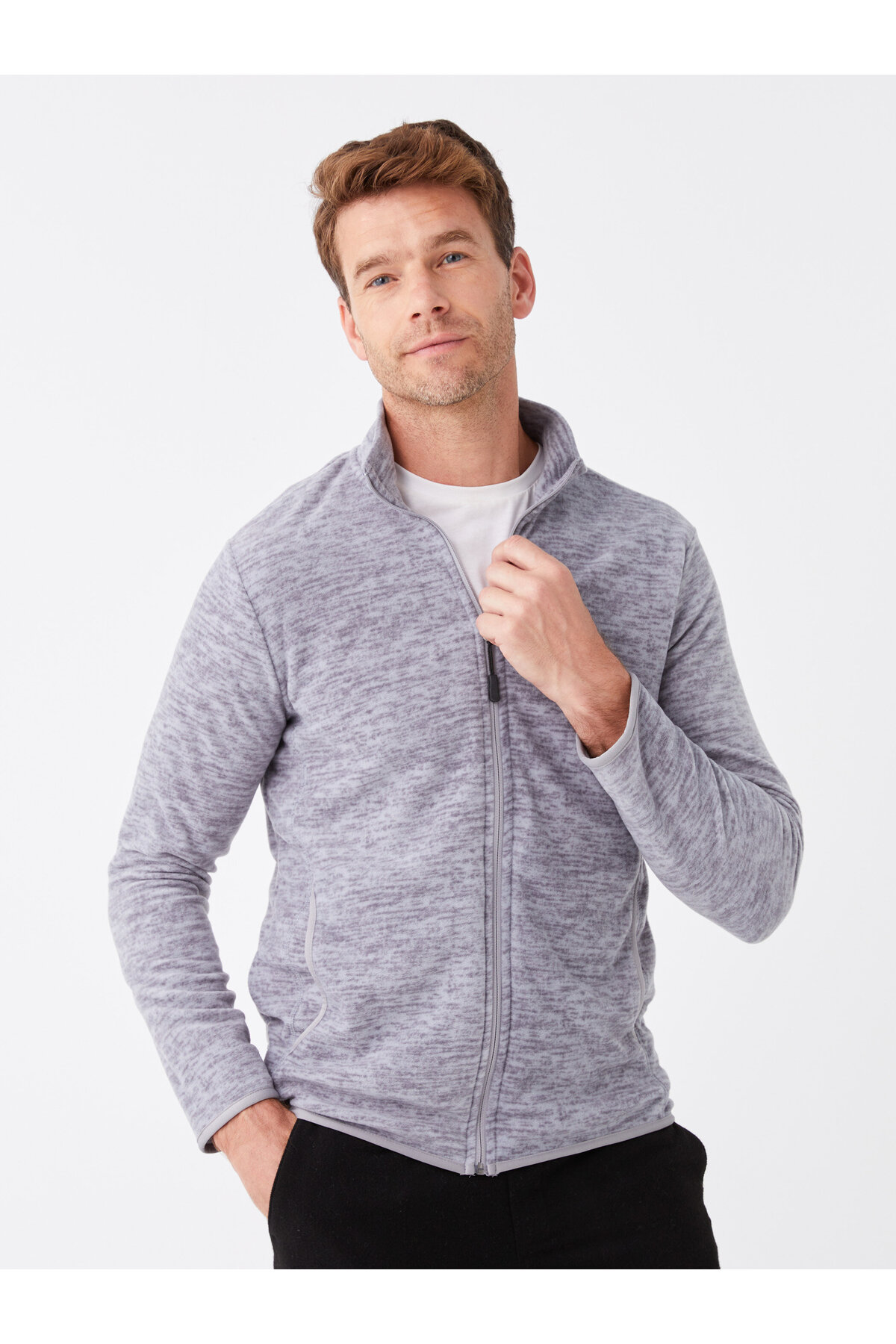 LC Waikiki Men's Classic High Neck Long Sleeve Fleece Cardigan