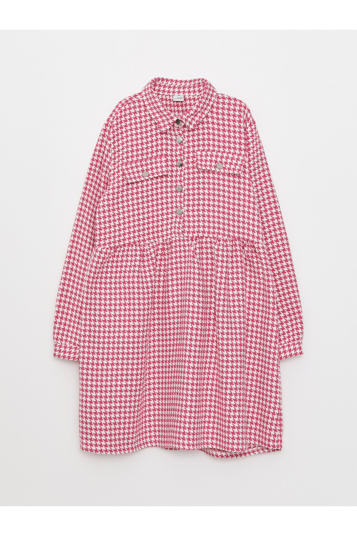 LC Waikiki Shirt Collar Houndstooth Patterned Long Sleeve Girls' Dress